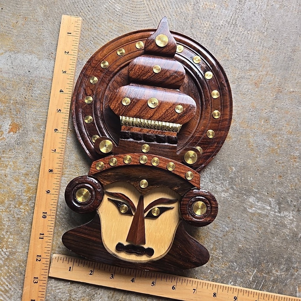 VTG Brutalist Wood Tribal‎ Mask Wall Art Brass Studs Midcentury Signed Abstract